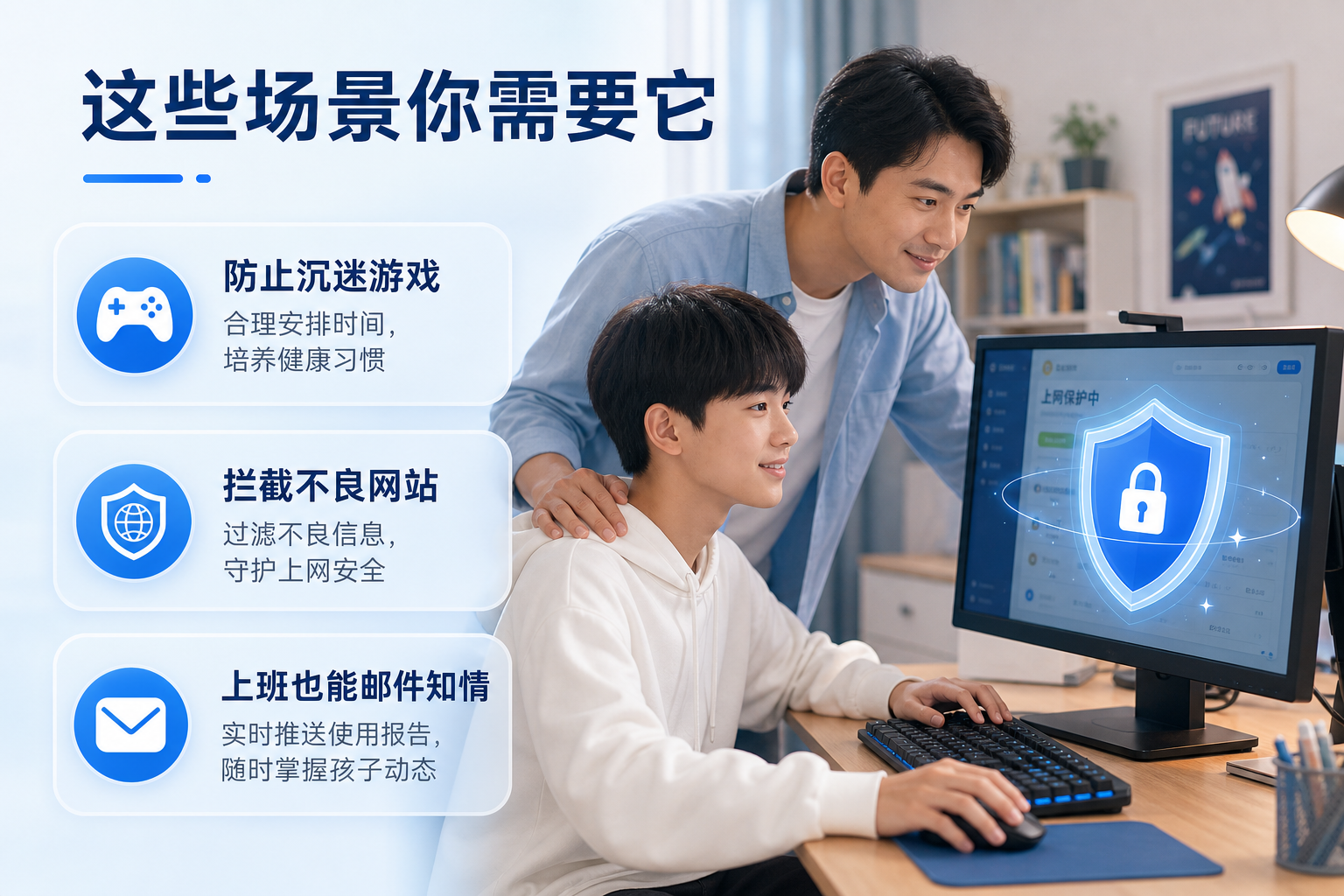 启航PC守护者使用场景 - 家长远程监护孩子上网